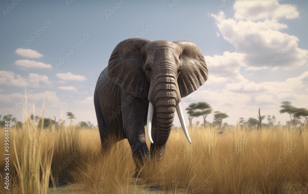 Fototapeta premium An elephant walks through a field with trees savannah in background african wildlife Generative AI