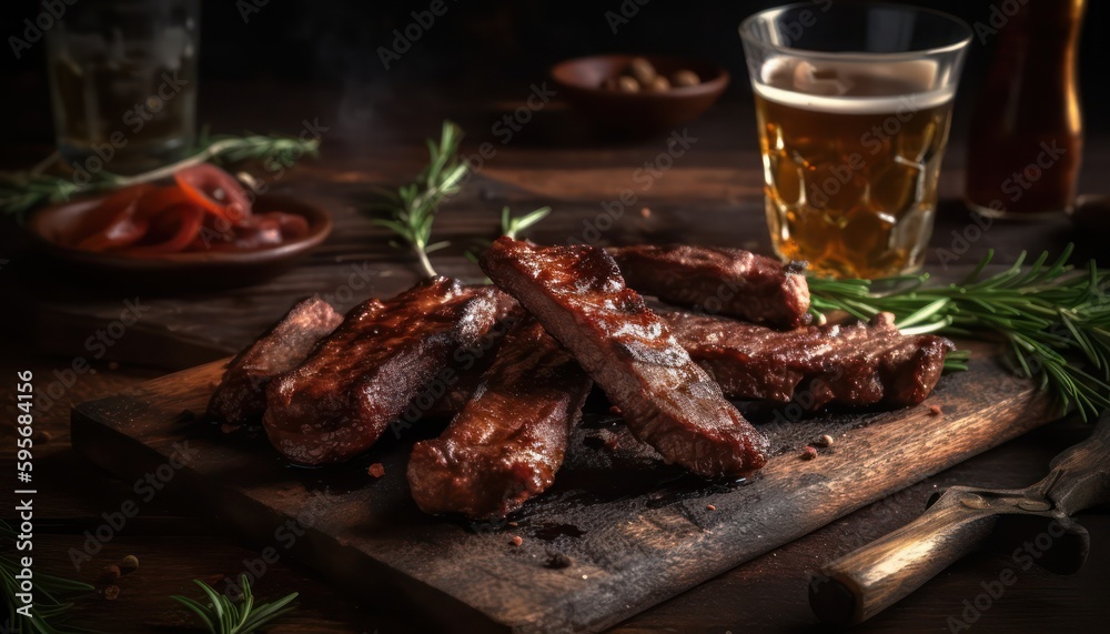 BBQ smoked ribs with a dark background. Generative AI BBQ smoked ribs with a dark background. Generative AI