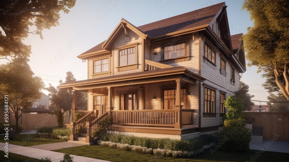 Fototapeta premium Eastlake exterior house design in daytime golden hour generative ai