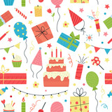 Party birthday seamless pattern. Festive cake, confetti and balloons. Kids cartival, festive anniversary print. Bright celebrate decent vector background
