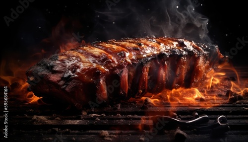 BBQ smoked ribs with a dark background. Generative AI