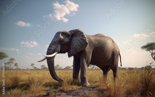 An elephant walks through a field with trees savannah in background african wildlife Generative AI © mureli