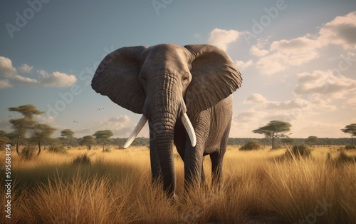 An elephant walks through a field with trees savannah in background african wildlife Generative AI