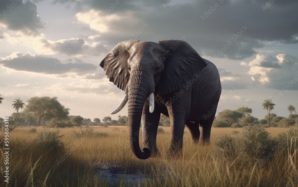 Obraz premium An elephant walks through a field with trees savannah in background african wildlife Generative AI