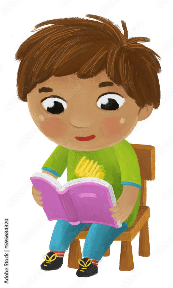 cartoon child kid boy pupil reading books learning childhood illustration