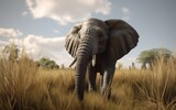 An elephant walks through a field with trees savannah in background african wildlife Generative AI