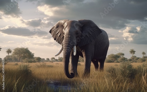 An elephant walks through a field with trees savannah in background african wildlife Generative AI