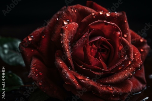 A detailed view of a wet red rose. Generative AI