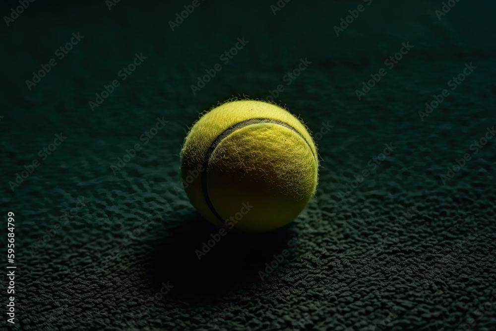 Yellow tennis ball, dark green tenis court created with Generative AI