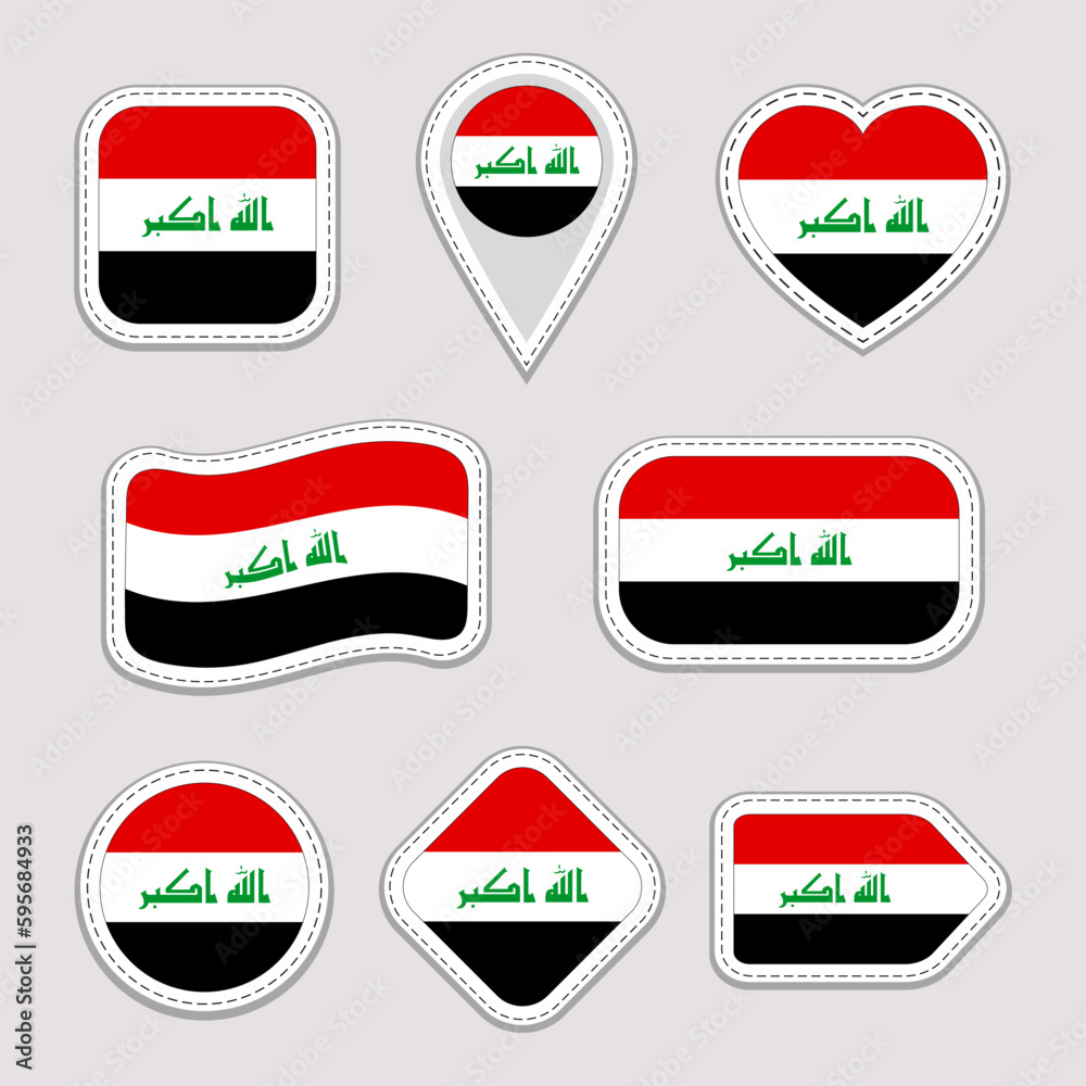 Iraq flag vector set. Iraqi flags stickers collection. Isolated geometric icons. State national symbols badges. Web, sport page, patriotic, travel design elements. Different shapes.
