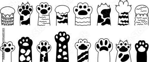 Cat different black paws. Cartoon paw icons, isolated cats or tigers doodle foot. Fun kitten elements, decorative animal decent vector graphic elements
