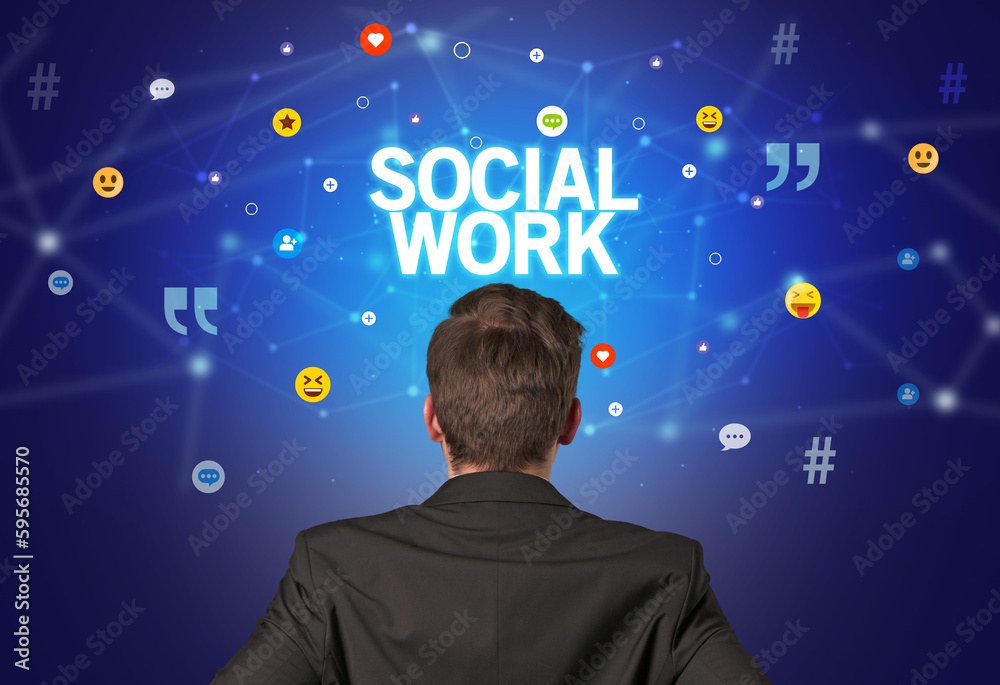 Rear view of a businessman, social media concept Rear view of a businessman, social media concept