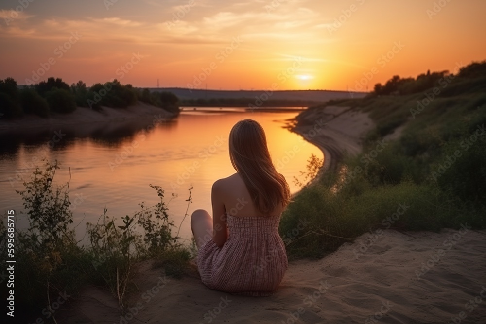 illustration, romantic girl sitting on the river bank, ai generative