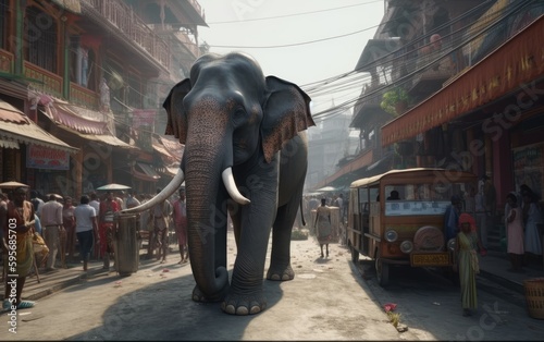 An elephant walking on an Indian city elephant wallpaper Generative AI © mureli