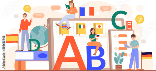 Online e-learning languages, video lessons or translator. Students prepare to exams, learn foreign language in e-class, snugly vector concept