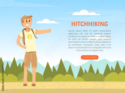 Hitchhiking landing page with man standing on roadside and hitchhiking. Tourist having summer road trip vector illustration
