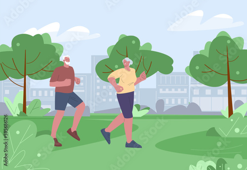 Cartoon old person running in city park. Senior couple jogging, healthy lifestyle on retirement. Flat outdoor location workout people, vector scene