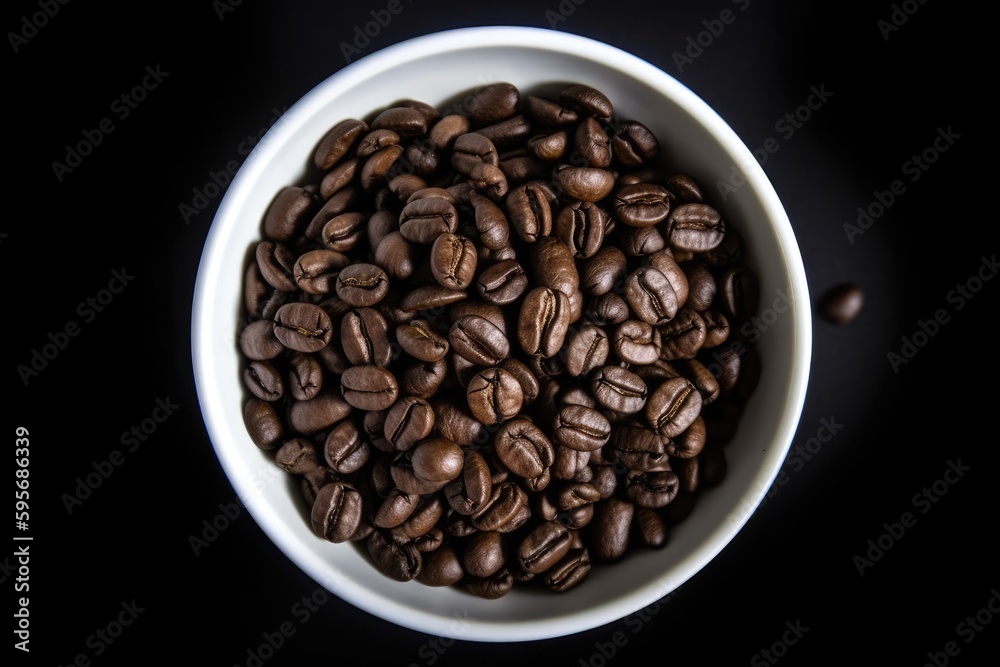bowl filled with roasted coffee beans against a dark background. Generative AI bowl filled with roasted coffee beans against a dark background. Generative AI