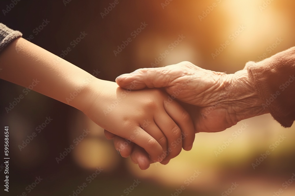 illustration, old woman and young man holding hands, ai generative