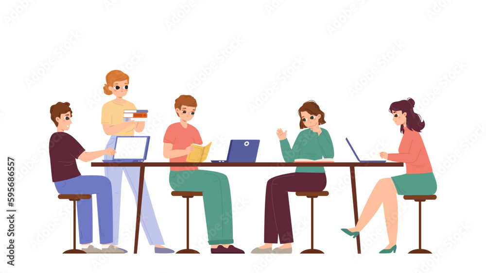 Students study in group, learning class. Young adults with books and computers. Teamwork in college or school. Vector smart characters