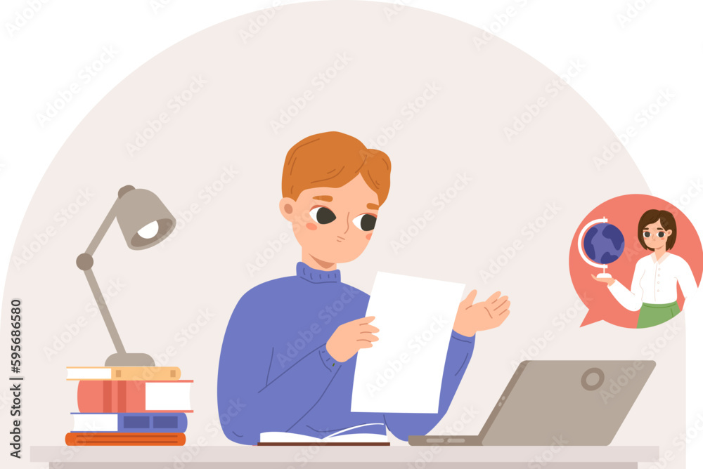 Video lesson with teacher. Home education, remote study. Young student with laptop and books learning with professor. Vector studying concept Video lesson with teacher. Home education, remote study. Young student with laptop and books learning with professor. Vector studying concept