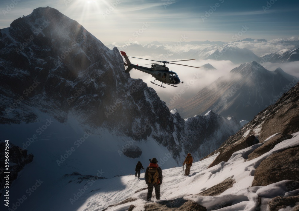 Mountain Rescue at snow. Helicopter Evacuates Hikers in Danger. Generative AI. - obrazy, fototapety, plakaty 