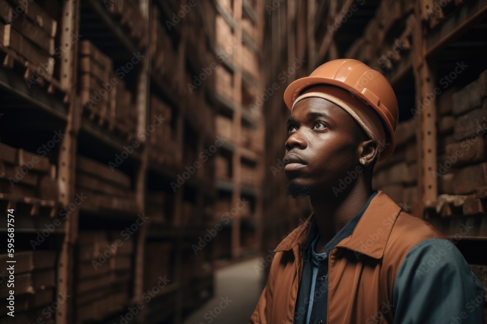 African American engineer in warehouse or factory. Generative AI African American engineer in warehouse or factory. Generative AI