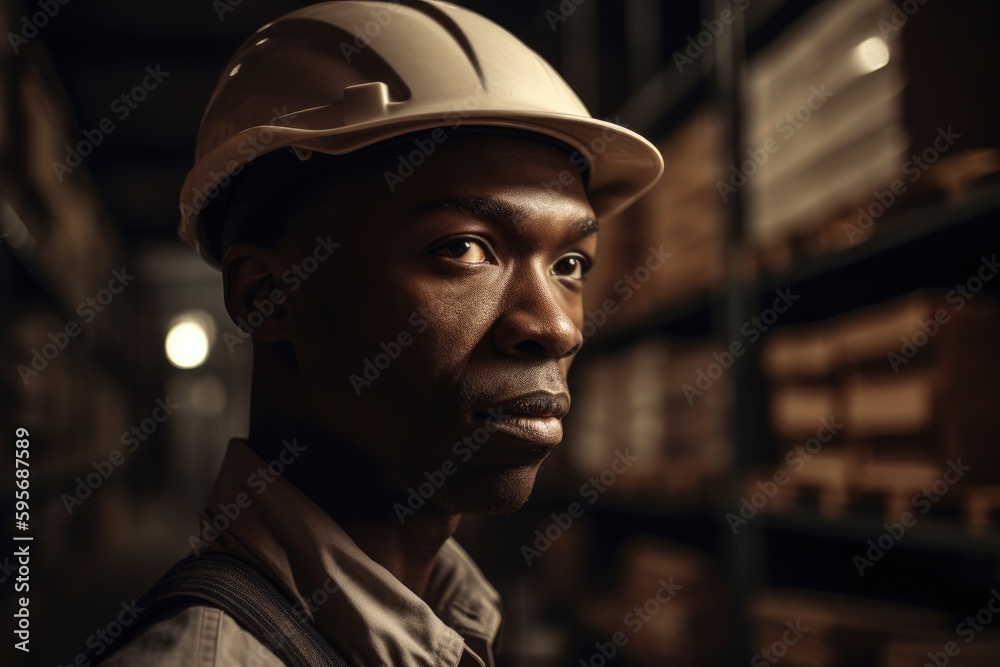 African American engineer in warehouse or factory. Generative AI African American engineer in warehouse or factory. Generative AI