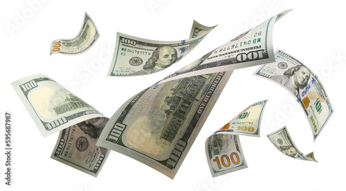Flying 100 American dollars banknotes, cut out photo