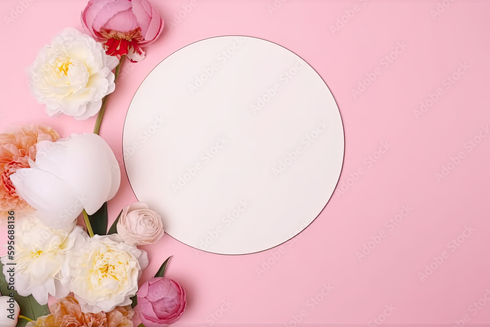 The top view flatlay illustration of a white circle with peony and roses. Generative AI The top view flatlay illustration of a white circle with peony and roses. Generative AI