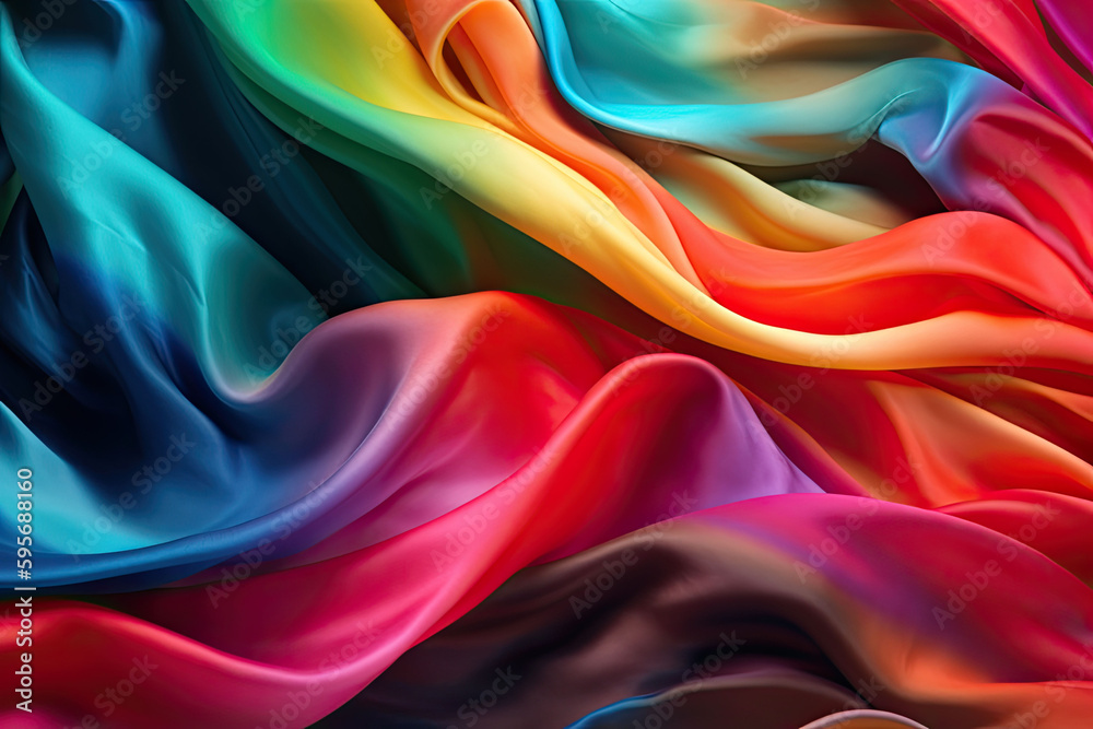 Abstract rainbow smooth silk background. Satin elegant luxury fabric. Beautiful soft folds on the surface of the fabric. Generative AI