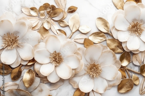The marble texture in white and gold colors with golden flowers. Luxurious design wallpaper. Generative AI © barmaleeva