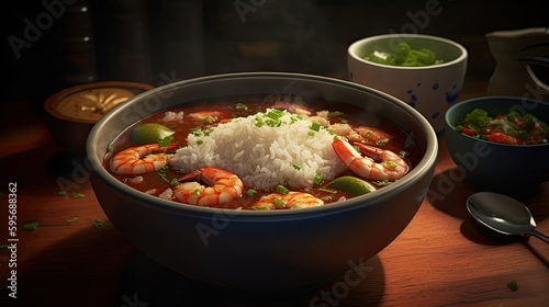 Close-up bowl of gumbo with rice and shrimp USA. Generative AI