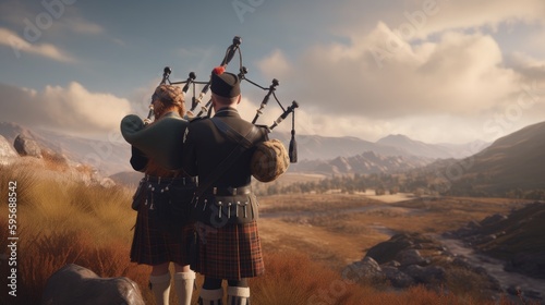 A couple in traditional Scottish attire playing the bagpipes horn. Generative AI