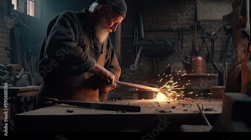 A craftsman hammering hot metal into shape at a blacksmith warehouse. Generative AI