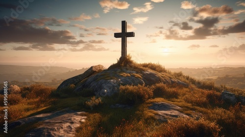 A cross on the sunset hill. Christianity Concept. Generative AI