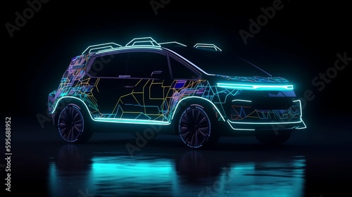 Neon glowing car in black background. AI generated