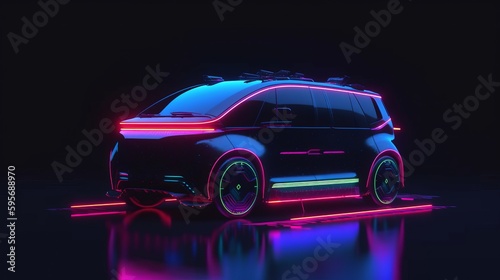 Neon glowing car in black background. AI generated