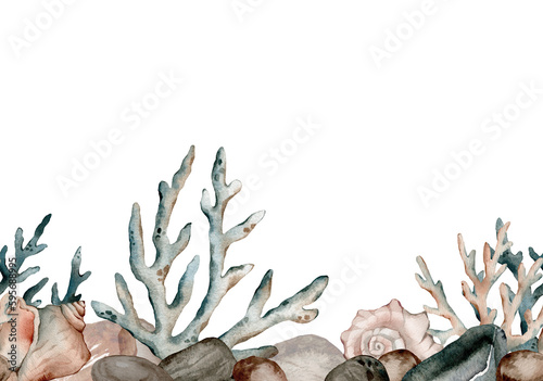 Seamless repeating border with watercolor seaweed and coral, fish. Hand painted stone, seashells pattern. Watercolor vintage ocean background. Original hand drawn illustration. Marine design. photo