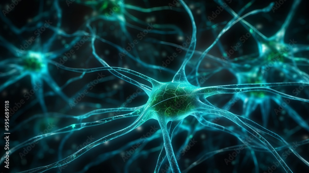 Conceptual illustration of neuron cells, close-up. AI generated