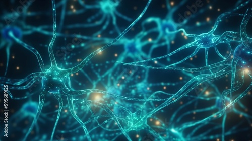 Conceptual illustration of neuron cells, close-up. AI generated