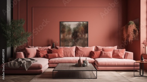 Coral or terracotta living room accent sectional. Al generated