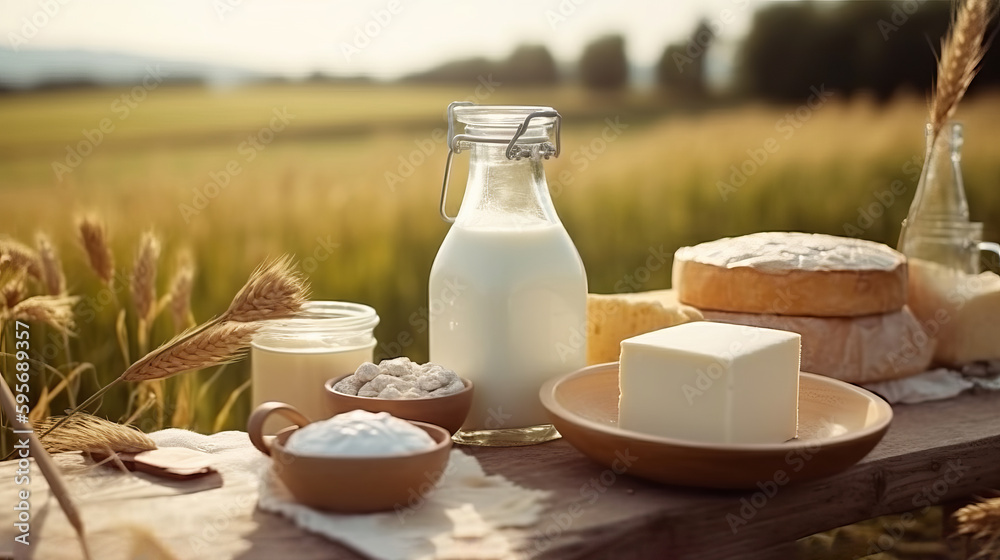 Dairy products on the background of the landscape. Al generated Dairy products on the background of the landscape. Al generated