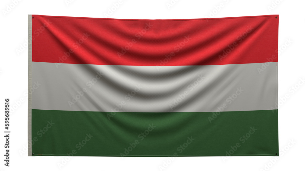 Obraz premium Textured flag. The flag of Hungary hangs on the wall. Texture of dense fabric. The flag is pinned to the wall. Hungarian flag on a transparent background. 3D render