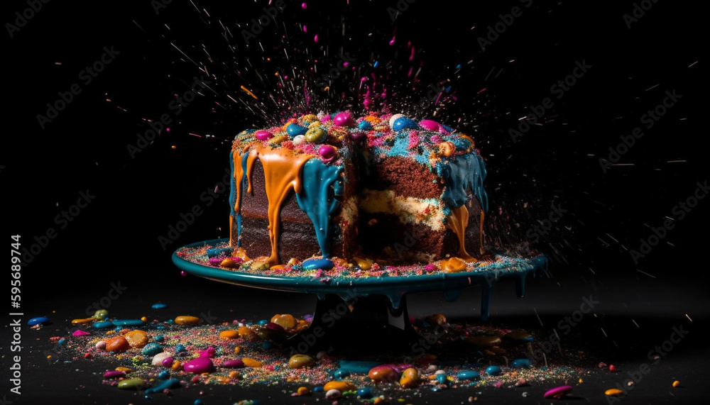 Birthday cake explosion with flying sprinkles captured in vibrant close