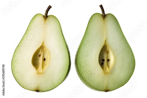 two halves of a fresh green apple isolated on a white background. Generative AI