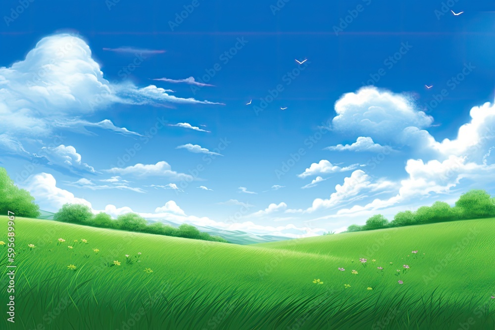 Fototapeta premium serene landscape with green fields and a blue sky. Generative AI