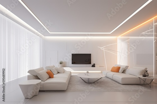 contemporary living room with minimalist white furniture and a large flat screen TV. Generative AI