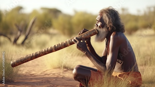 A man playing the Didgeridoo a traditional wind instrument. Generative AI