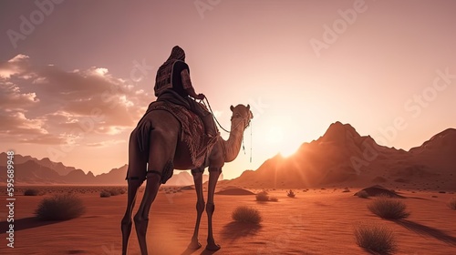 A man riding a camel through the desert. wearing Bedouin clothes.Sunset. Generative AI